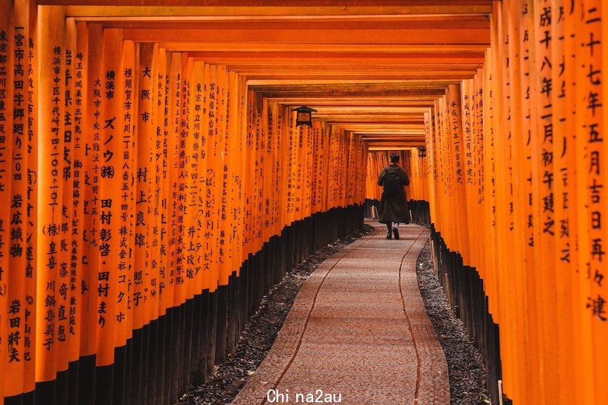 A man walking through the Fushimi Inari Shrine in Kyoto, Japan