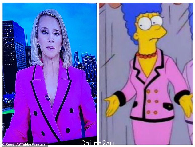 布里斯班七新闻主播 Katrina Blowers (左) 在她似乎从 Marge Simpson (右) 那里获得时尚灵感后迅速走红