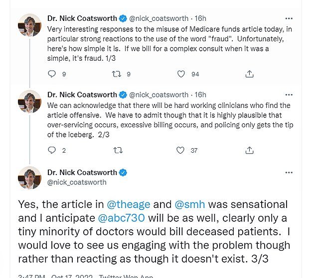 Coatsworth 博士在一系列推文中表示,尽管有很多勤奋诚实的医生并不意味着问题不存在