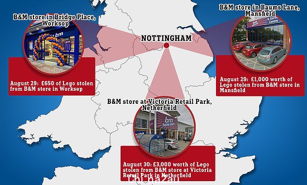 三人瞄准的三家商店偷走了价值 4,000 英镑的乐高积木。对三项盗窃罪名表示认罪的男子被判处 18 个月的缓期徒刑,并在英格兰和威尔士的所有 B&M 商店被禁一年” class=