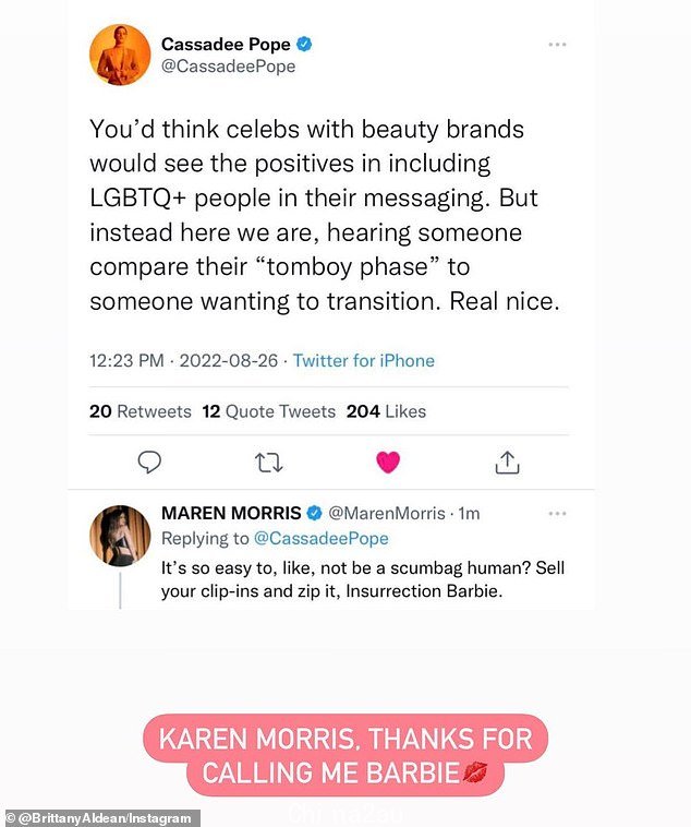 回应:33 岁的乡村歌手 Cassadee Pope 和 32 岁的 Maren Morris 在 Twitter 上回应了布列塔尼的言论