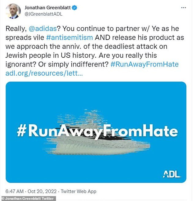 达到他的底线:ADL 的首席执行官乔纳森格林布拉特写了一封信给阿迪达斯,要求公司结束与 West 的交易