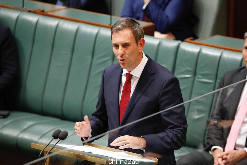 Jim Chalmers at a lecture with parliament's green seats in the background