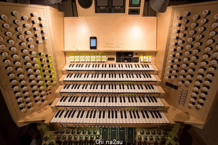 The interior console of the Concert Hall grand organ, including four rows of organ keys.