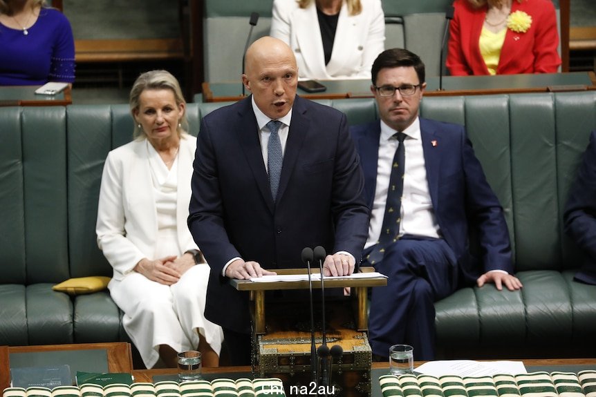 Peter Dutton at the lectern in the House of Representitives