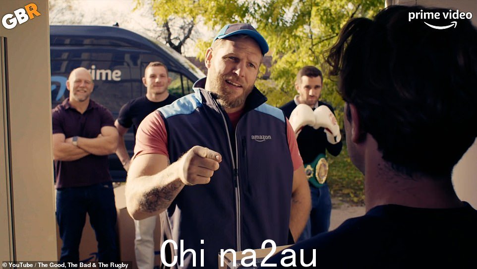 James Haskell 作为亚马逊送货司机在 Mike、Sam 和其他好人、坏人和橄榄球主持人 Alex Payne 面前=