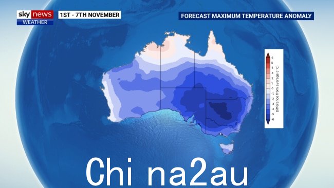 这里可以看到气象局预测的11月初最高气温是如何明显低于一年中这个时候的平均值，尤其是在新南威尔士州西部。图片：澳大利亚天空新闻