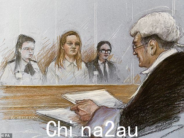  Jemma Mitchell 的 Elizabeth Cook 在伦敦老贝利的法庭艺术家绘画，在宣判 Mee Kuen Chong 谋杀案期间
