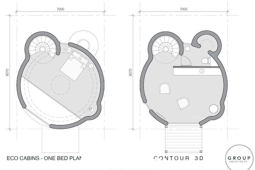 A schematic drawing shows the layout of a 3D printed cabin.