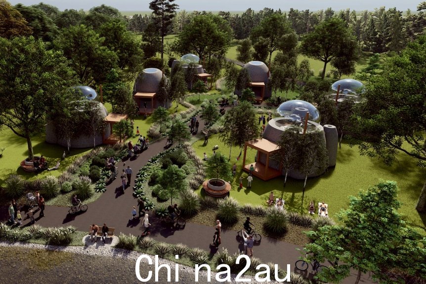 A mock-up of what the 3-D printed eco cabins would look like; they are circular and set in a mini-neighbourhood