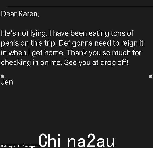 显然看到了有趣的一面,珍妮回信说:'亲爱的凯伦,他没有说谎。这次旅行我吃了大量的阴茎'