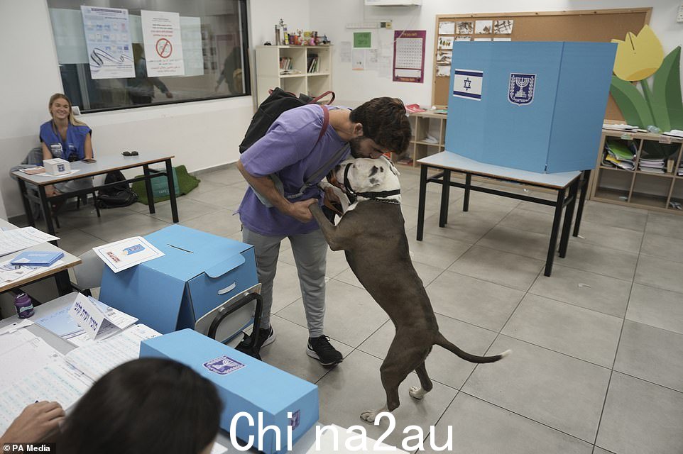 一个男人的吻他的狗在选举期间在特拉维夫投票后