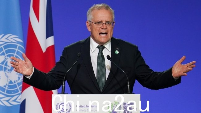 前总理斯科特·莫里森最终参加了在格拉斯哥举行的 COP26 会议，在那里他正式承诺澳大利亚到 2050 年实现净零目标。图片：Getty