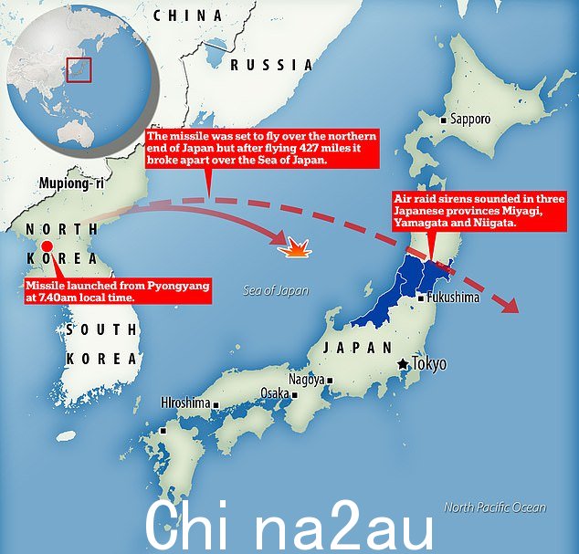 朝鲜今天早上向日本试射了一枚远程导弹,并在三个省份发出警报,因为火箭看起来要飞越该岛——但在飞行途中解体
