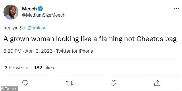 Grown: 一个成年女性看起来像一个火热的 Cheetos 包,”一个 Twitter 使用说,而另一个则问:“Kanye 担任她的造型师的提议还在讨论中吗?