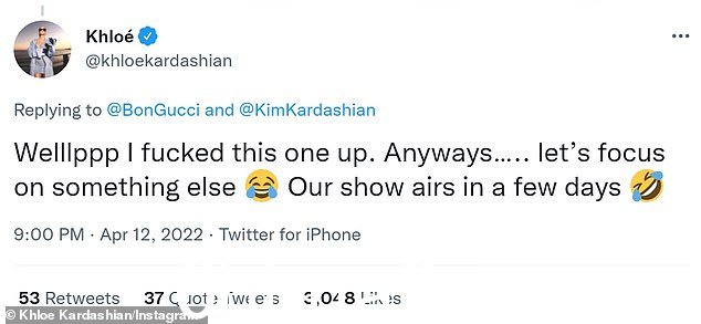 Khloe 承认:科勒在推特上承认了这个失误,承认,‘我把这个搞砸了。无论如何...让我们专注于其他事情'