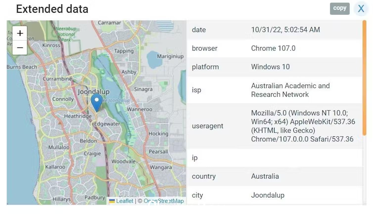 An image shows a pin dropped on a map of Perth, with IP data displayed to its right