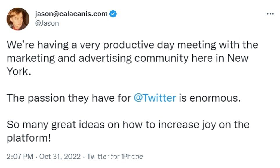 Jason Calacanis,在他上任的第一周协助马斯克,他周一在推特上表示,Twitter 与广告商会面“非常富有成效的一天”