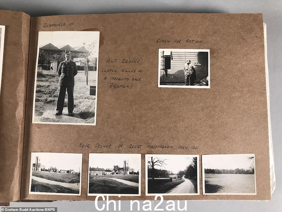 收藏中的更多照片:Alf Groves(左上),他在 1941 年 5 月在不来梅和大马辛厄姆的场景中被蚊子杀死(下)