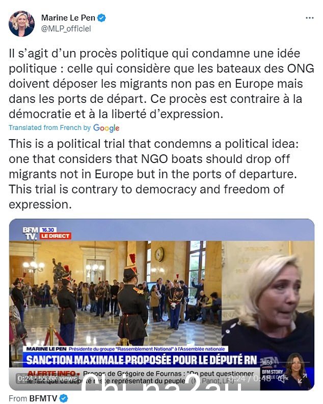 Marine Le Pen 在推特上支持她的国会议员,她说'我们的政治对手制造的争议是显而易见的,不会愚弄法国人民'