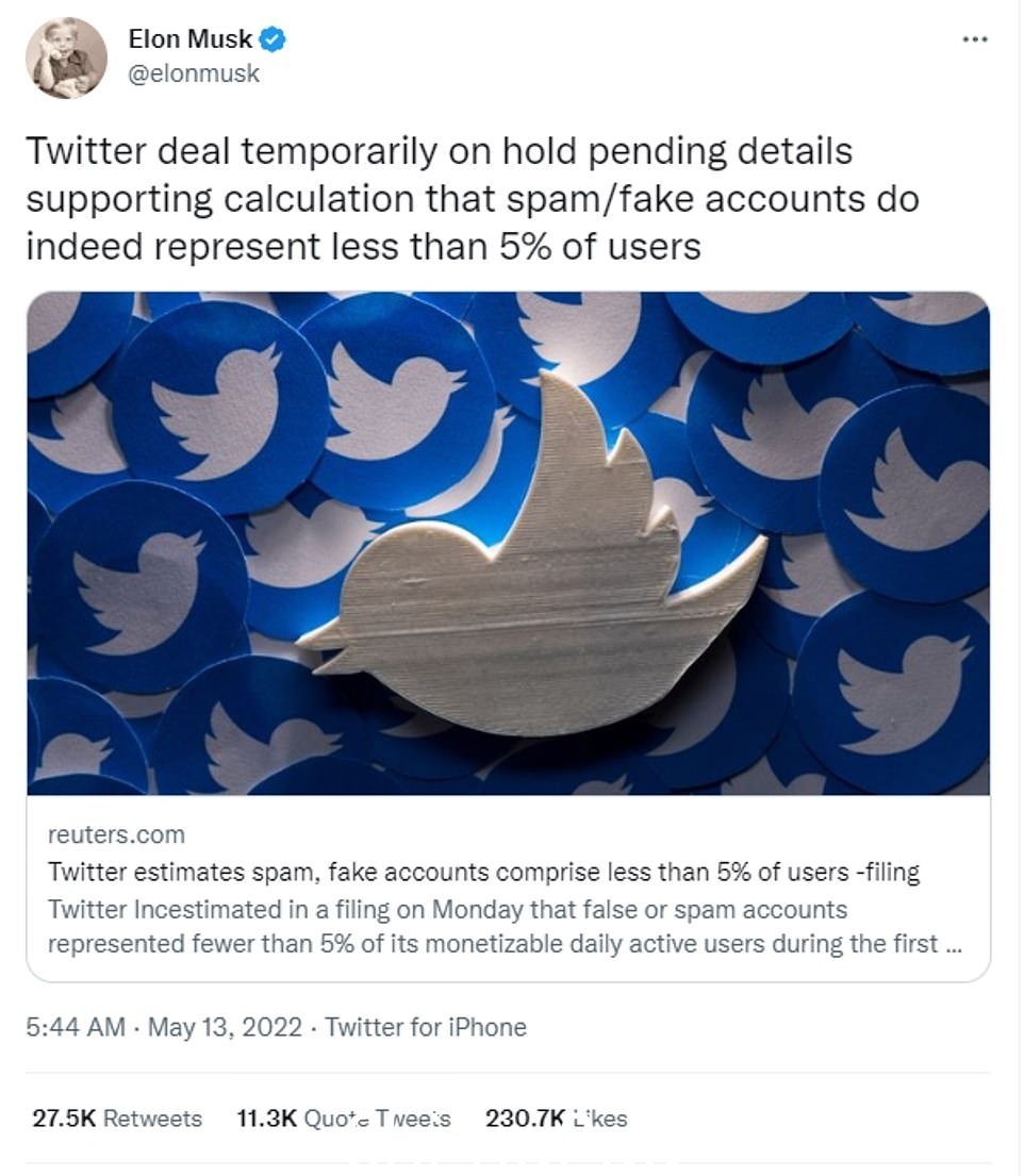 Musk 在 5 月搁置 Twitter 交易,原因是担心垃圾邮件帐户的数量
