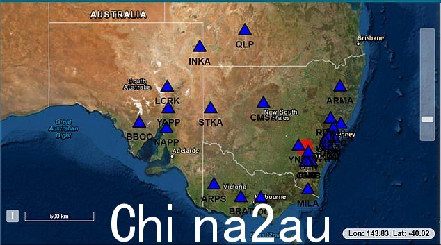 Geoscience Australia 在新南威尔士州南部高原记录了 4.0 级地震(上图,地震发生的台站)