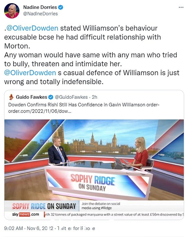 前内阁部长纳丁·多里斯打了一个t Dowden 先生在 Sky News 上对 Gavin 爵士的“随意辩护”