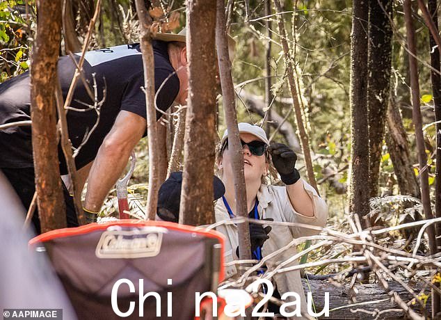 搜索画面显示,便衣警察用手筛选泥土,挖掘机正在向前推进,翻土并挖掘填满的地面
