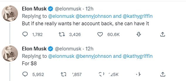 Musk 继续在 Twitter 上发帖称,她可以以 8 美元的价格找回她的账户