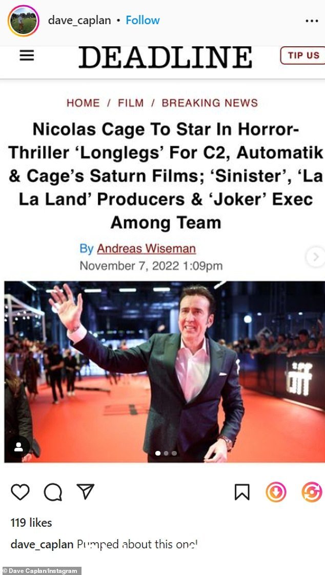 '对这个很感兴趣!'周一,C2 Motion Picture Group 首席执行官戴夫·卡普兰证实了 Deadline 的报道,即凯奇将联合制作并主演奥斯古德·帕金斯的心理惊悚片《长腿》,该片将于明年开拍“class=