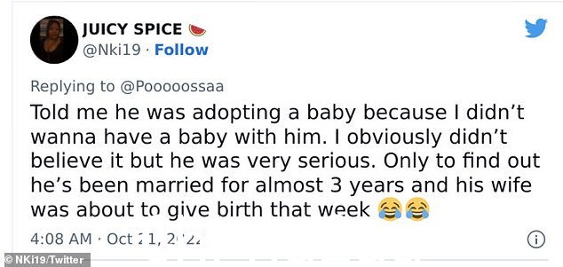 另一个女人,来自奥克兰, 加利福尼亚州说她的前伴侣假装领养了一个婴儿,但事实证明他的妻子正在生孩子” class=