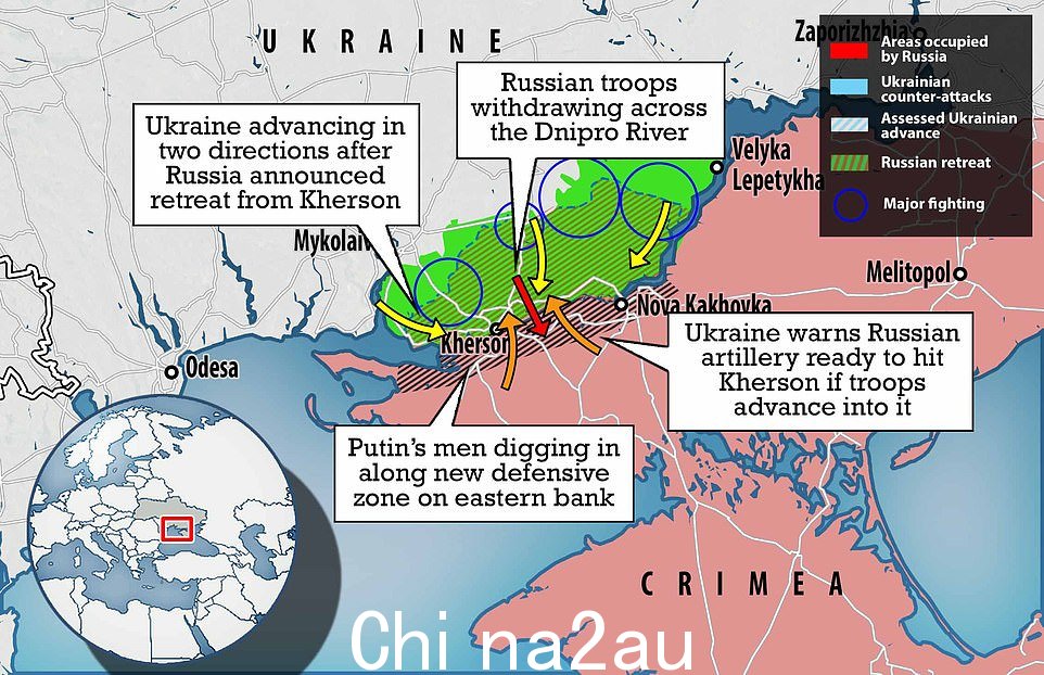 乌克兰曾警告称，俄罗斯可能为其军队设下陷阱赫尔松，但在一夜之间发动了一次进攻，现在被认为已经几乎包围了这座城市