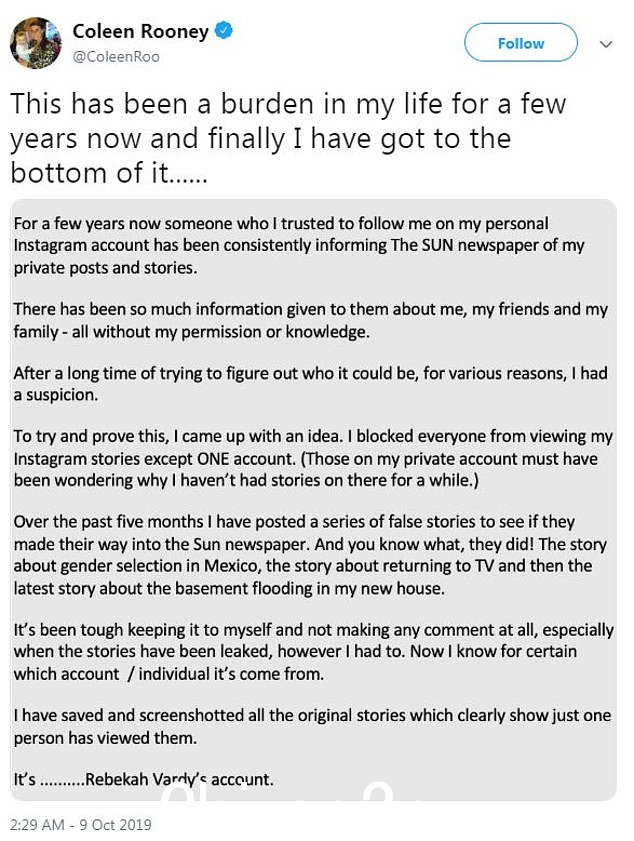 指责 Rebekah Vardy 的社交媒体帐户泄露故事的帖子。它引发了一场价值 300 万英镑的官司,在法官同意这是“基本上是真的”,因此不是诽谤之后,鲁尼夫人赢得了这场官司” class=