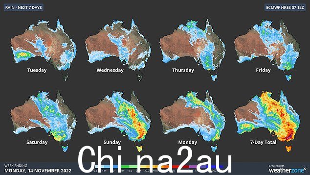 Weatherzone 为澳大利亚创建了截至周一的 7 天降雨量预测图
