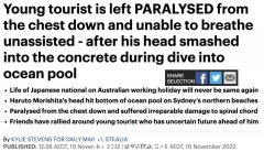 伤心！亚裔打工度假男子澳洲潜水事故后胸部以下瘫痪（图）