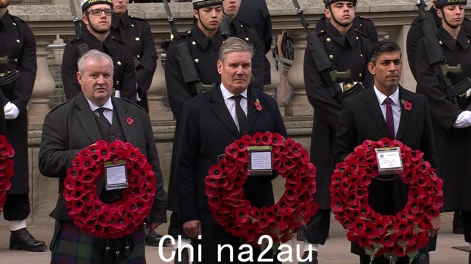 Ian Blackford、Keir Starmer 和 Rishi Sunak(从左到右)举着花圈准备等待查理三世国王的到来