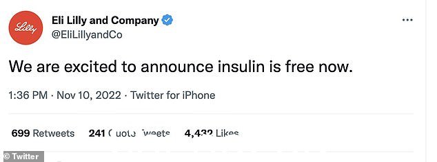 Eli Lilly 周五下跌 4.5%,因为用户从一个看起来像 Lilly 官方资料的经过验证的帐户发推文:'我们很高兴宣布胰岛素现在免费'