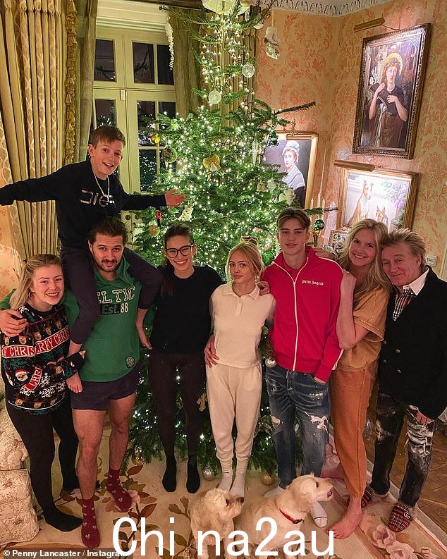 家庭:Rod Stewart 和他的妻子 Penny Lancaster 去年圣诞节享受了一些家庭时光(L-R,Bella Spooner,Liam Stewart,27 岁,Aidan Stewart,10 岁,Renee Stewart,29 岁,Alastair Stewart,Penny 和 Rod)