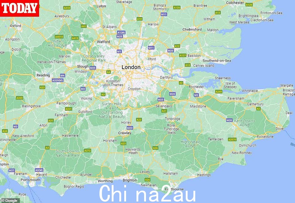 如图：显示伦敦和英格兰东南部今天的地图