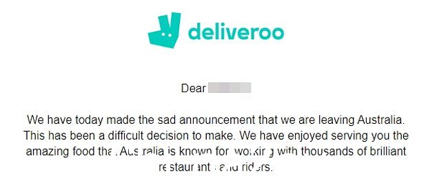 Deliveroo 在下午 5 点左右分享了一条消息(上图)周三通知客户它已停止在澳大利亚的业务并进入自愿管理
