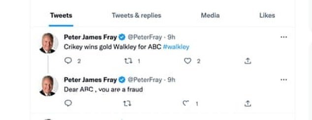 弗雷先生当晚还在推特上说'Crikey 为 ABC 赢得金沃克利'并且国家广播公司是'欺诈'。他随后删除了推文