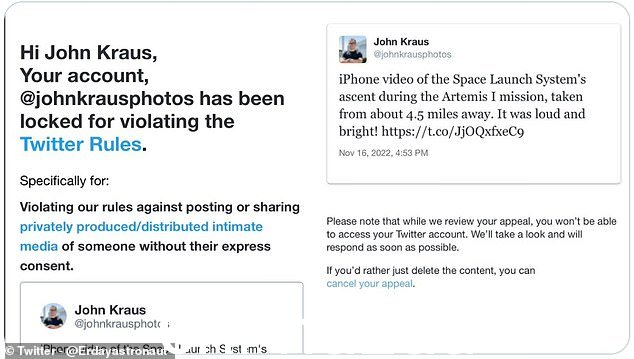 Ban:最初 Twitter 禁止一位天文学家发布流星视频——现在一位太空摄影师在他的 NASA Artemis 发射镜头被禁止后被锁定在他的帐户之外(如图所示)被误认为是色情片