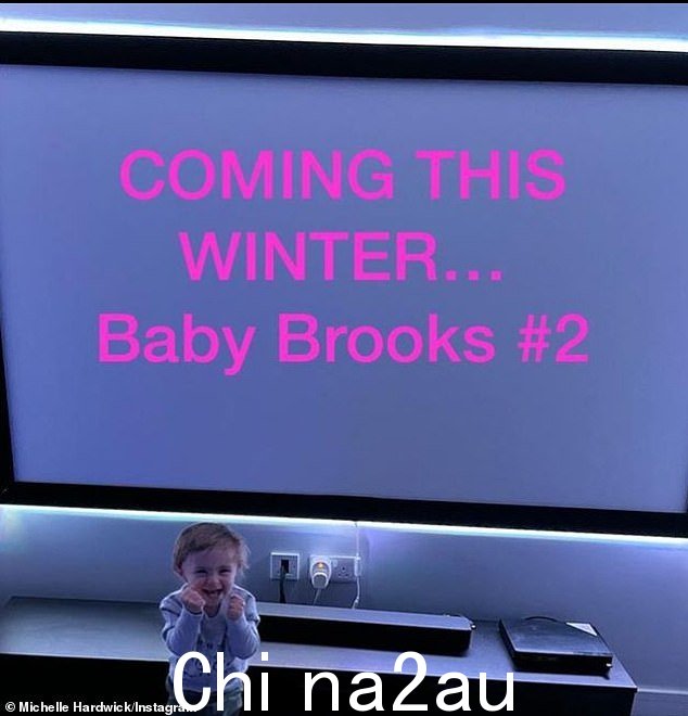 兴奋!Michelle 分享了一张屏幕快照,上面写着'即将到来的这个冬天...... Baby Brooks #2',粉红色的文字,而 Teddy 在下面看起来很兴奋