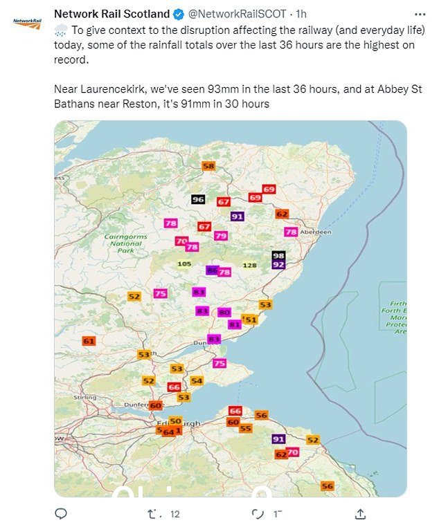 在一条推文中,Network Rail 表示,一些地区在过去 36 小时内经历了创纪录的降雨量,超过 3.5 英寸的降雨量袭击了金卡丁郡的 Laurencekirk
