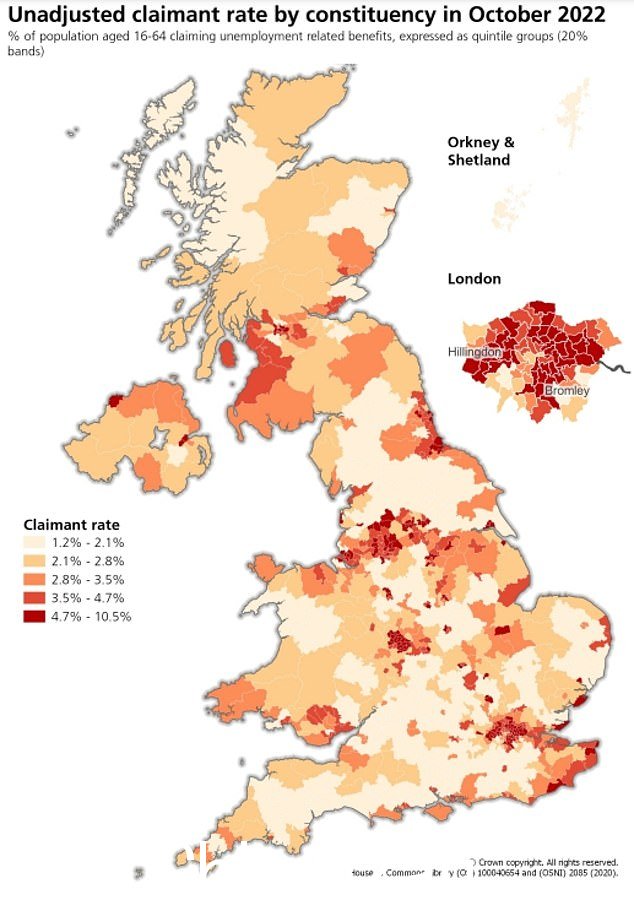 Birmingham Ladywood, Birmingham Hodge Hill, Birmingham Erdington, Birmingham Perry Barr 和 Bradford West 在 10 月份的索赔率都在 9% 以上
