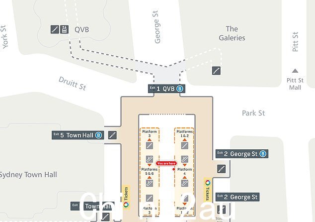 林先生的‘中止’逮捕是在连接 QVB 和市政厅火车站的走廊上演的(如图,市政厅车站地图显示左上方的走廊)
