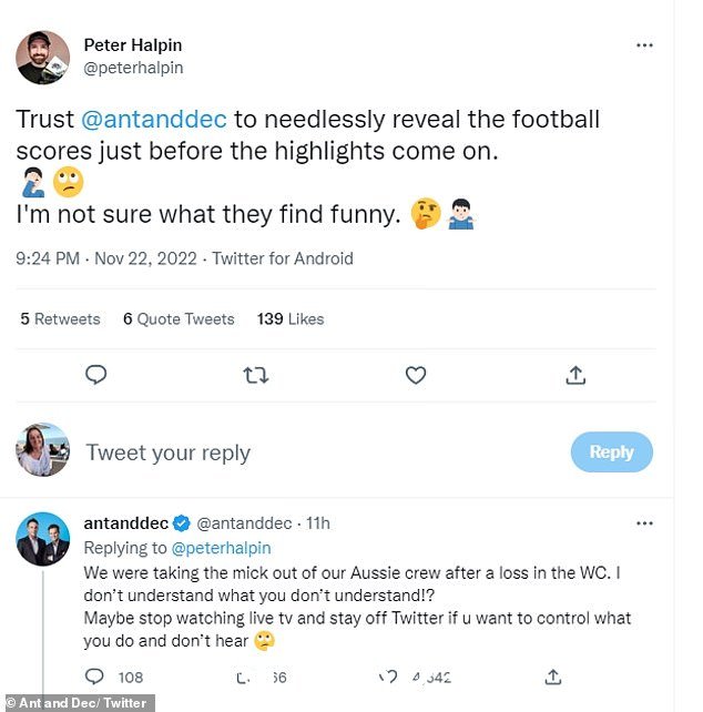 反应:被激怒的足球迷写道:'相信@antanddec 会在亮点出现之前不必要地透露足球比分。我不确定他们觉得什么好笑'