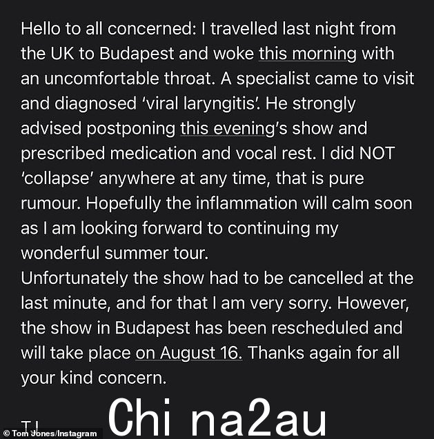 说出来:在这位歌手不得不取消他在布达佩斯的演出后,承认他感染了病毒性喉炎 - 并发表声明否认任何其他医疗谣言