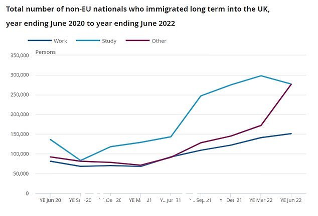 英国国家统计局的数据显示,在截至 6 月的一年里,移民人数超过 100 万,其中一个主要因素是为逃离乌克兰、阿富汗和香港等'其他'路线授予签证