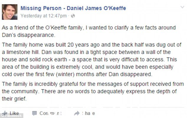 关于失踪人员的帖子 - Daniel James O'Keeffe Facebook 页面,详细说明了他的遗体在 Geelong 家中的发现地点